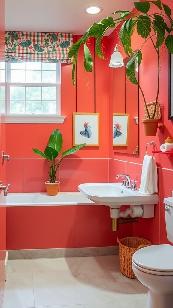A bathroom with coral walls, white fixtures, and potted plants, creating a tropical vibe.