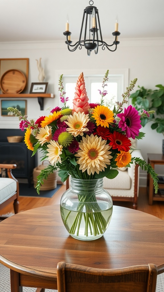 A vibrant floral arrangement in a clear glass vase on a wooden table, featuring sunflowers and other colorful flowers, set in a cozy living room.