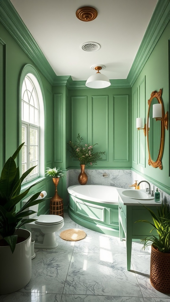 A stylish bathroom featuring vibrant green walls with elegant paneling, a modern bathtub, and lush plants.