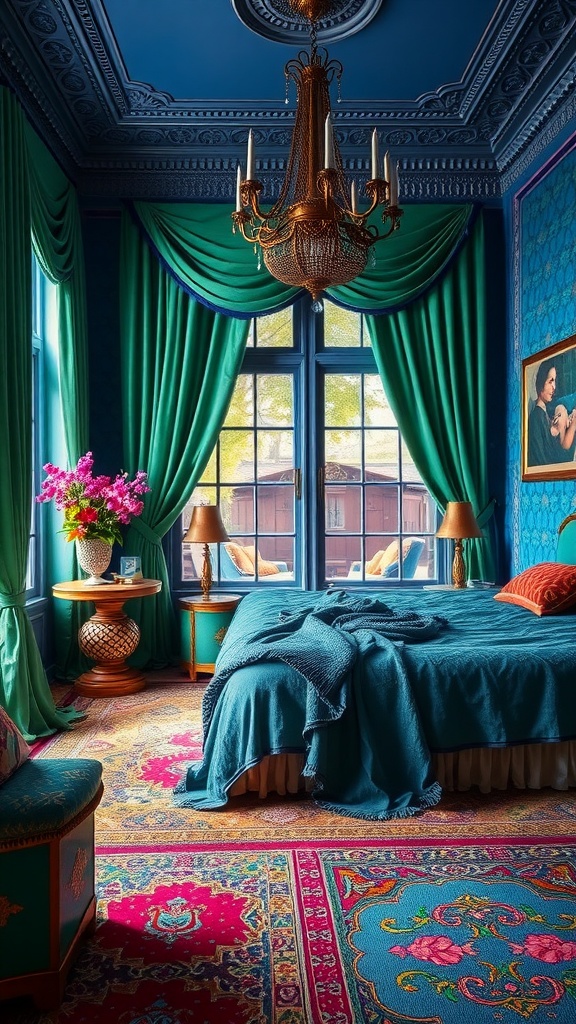 A luxurious bedroom featuring vibrant jewel tones with blue walls, green drapes, and a colorful area rug.