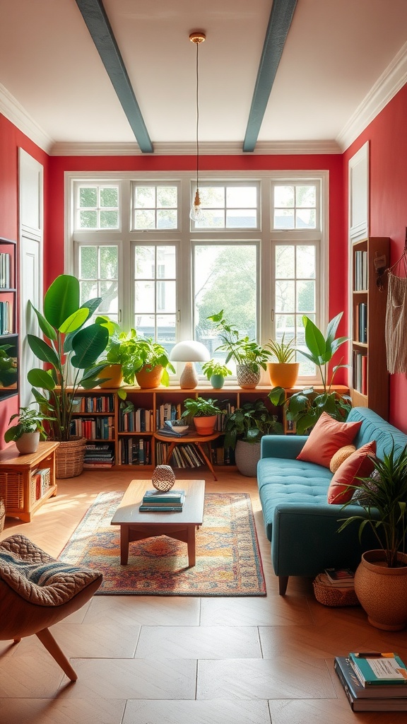 A vibrant living room with red walls, a teal sofa, and plenty of greenery, featuring a bookshelf filled with books.