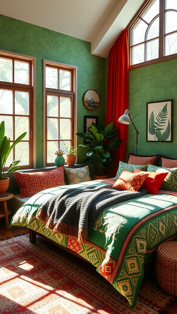 A vibrant bedroom featuring green and terracotta colors with floral patterns and natural decor.