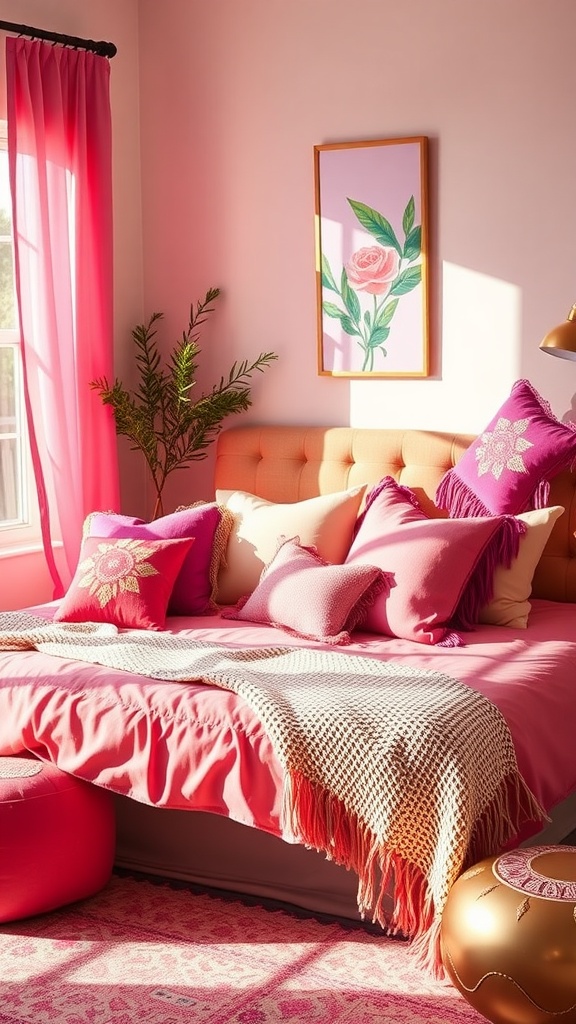 A bright pink boho style bedroom featuring colorful pillows, wall art, and plants.