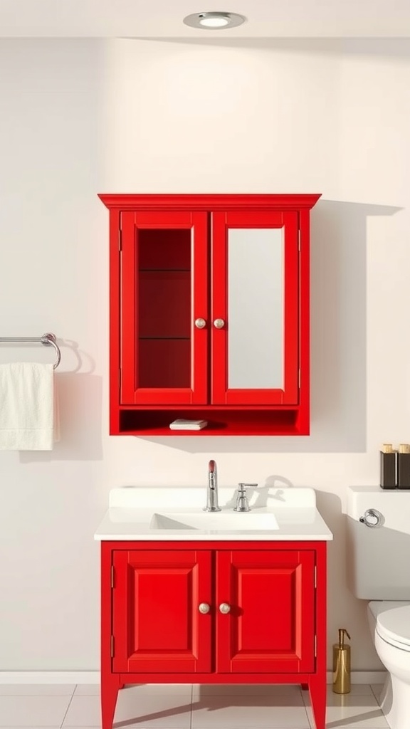 A bright red bathroom vanity with matching storage cabinet and white countertop.