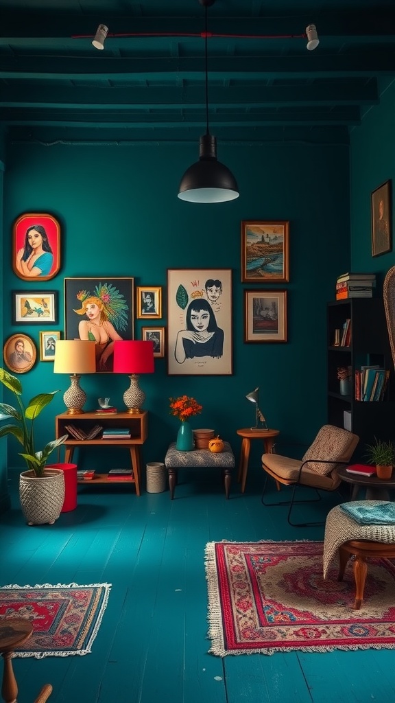 Room with vibrant teal walls, eclectic artwork, and vintage furniture.