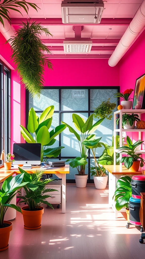 A vibrant tropical-themed home office featuring pink walls and lush green plants.