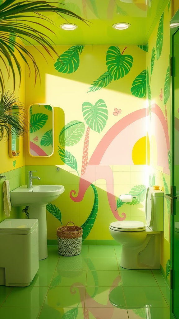 A vibrant tropical bathroom with yellow walls and green leaf patterns.