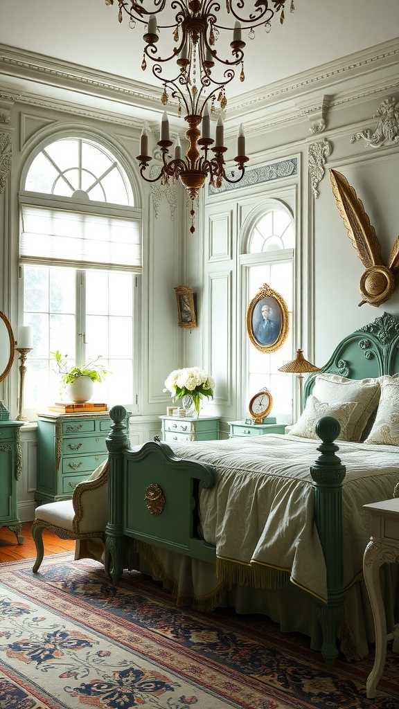 A Victorian bedroom featuring sage green furniture, intricate details, and a large chandelier.