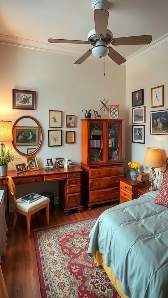 A vintage-inspired men's bedroom featuring wooden furniture, framed art on the walls, and cozy bedding.