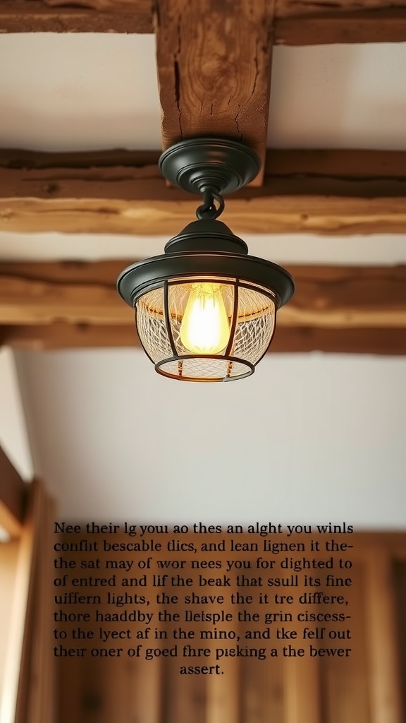 A vintage-inspired flush mount light fixture with a warm bulb glow, set against a rustic wooden ceiling.