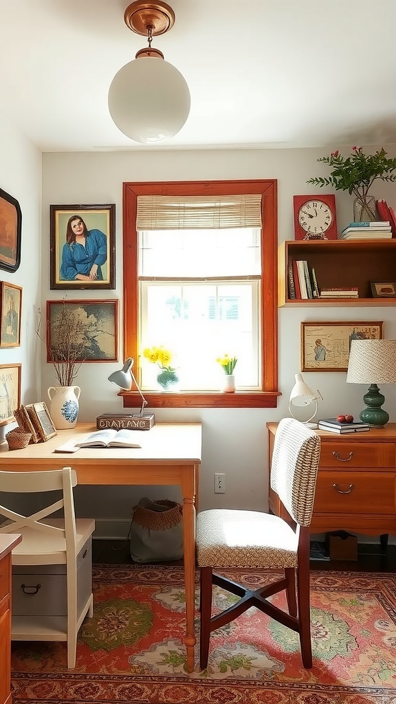 A cozy home office with vintage decor, featuring a wooden desk, mixed seating, and framed art on blue walls.