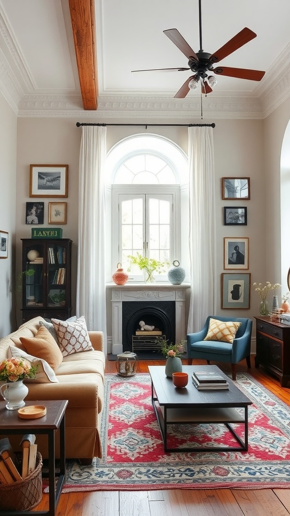 A cozy living room featuring vintage accents with modern design elements, including a beige sofa, colorful pillows, and a decorative rug.
