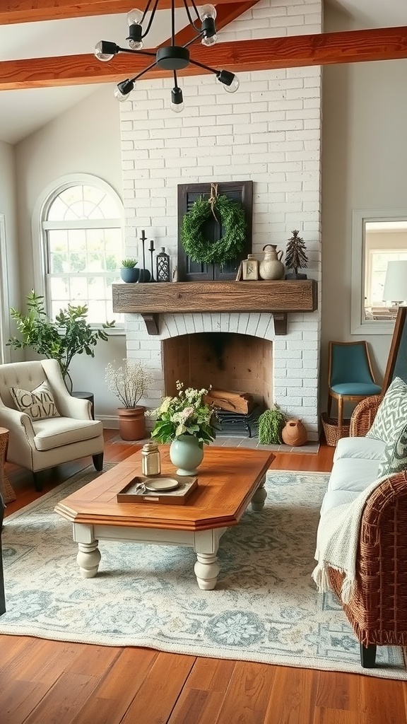 Cozy vintage farmhouse living room with white brick fireplace, rustic wooden mantel, and inviting furniture.