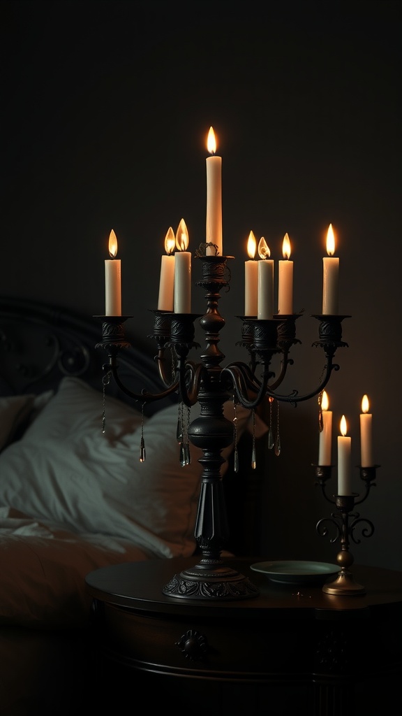 A dark bedroom with vintage candelabras on a bedside table, featuring lit candles casting a warm glow.