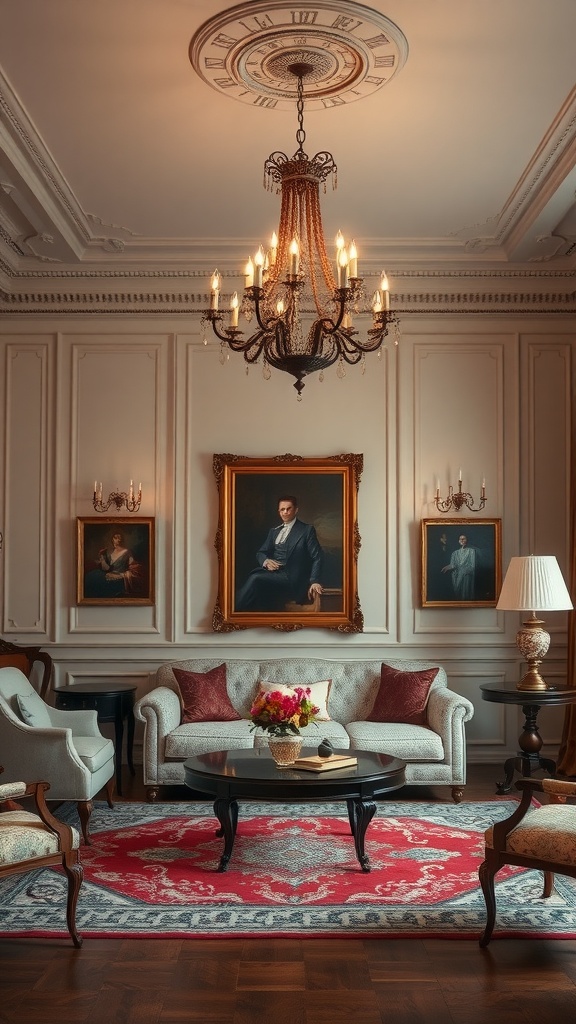 A vintage chandelier hanging in a cozy living room with classic decor and ambient lighting.