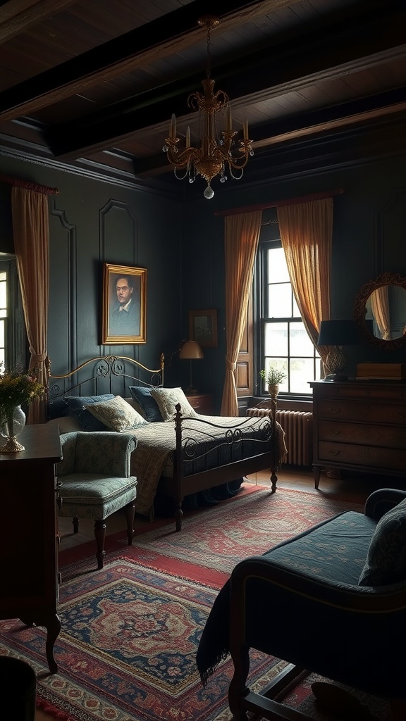 A vintage bedroom with dark walls, a chandelier, and classic furniture in deep tones.