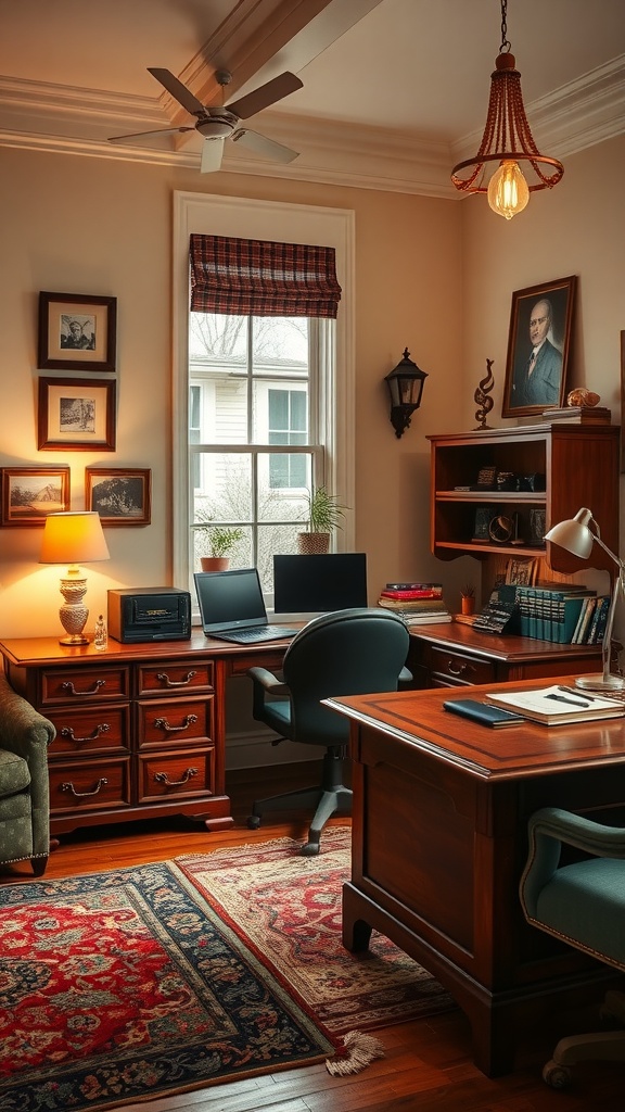 A vintage-inspired home office with wooden furniture, a desk lamp, and decorative elements.