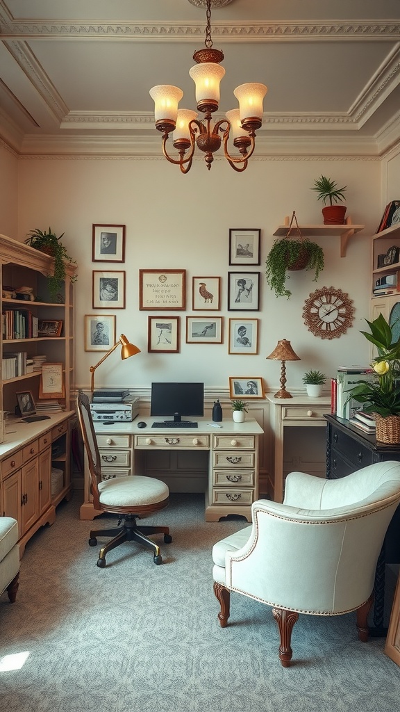 A vintage chic home office featuring a chandelier, vintage desk, and framed artwork on the walls.