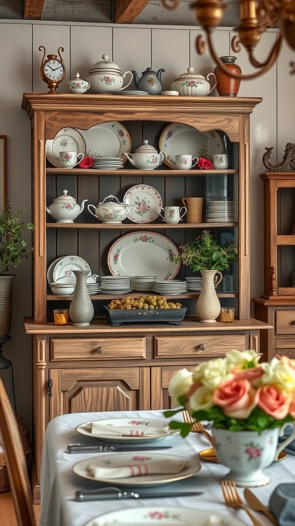 A vintage wood display cabinet showcasing delicate floral china, alongside a rustic dining table set with plates and a bouquet of roses.