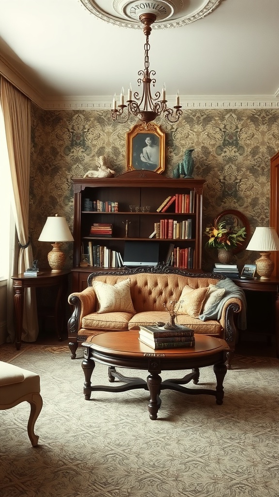 A vintage couch in a home office setting with elegant decor.