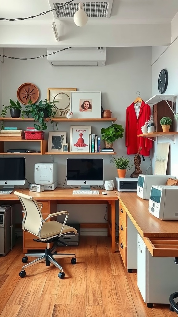 A vintage-inspired workspace with modern computers, wooden shelves, plants, and decorative items.