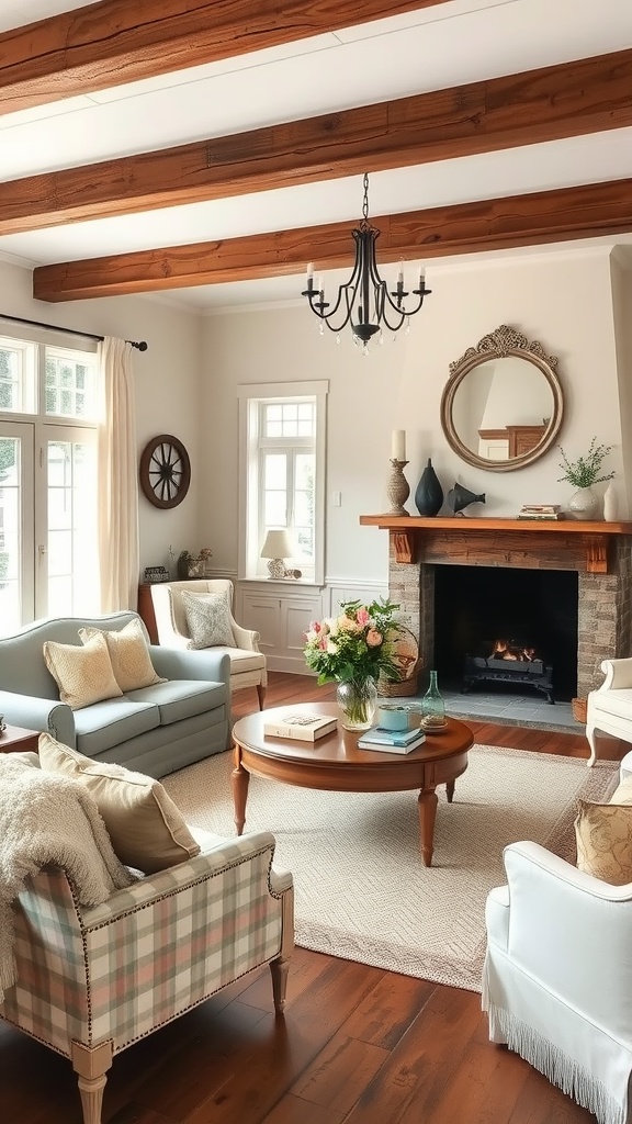 A cozy vintage farmhouse living room featuring wooden beams, soft seating, and a fireplace.