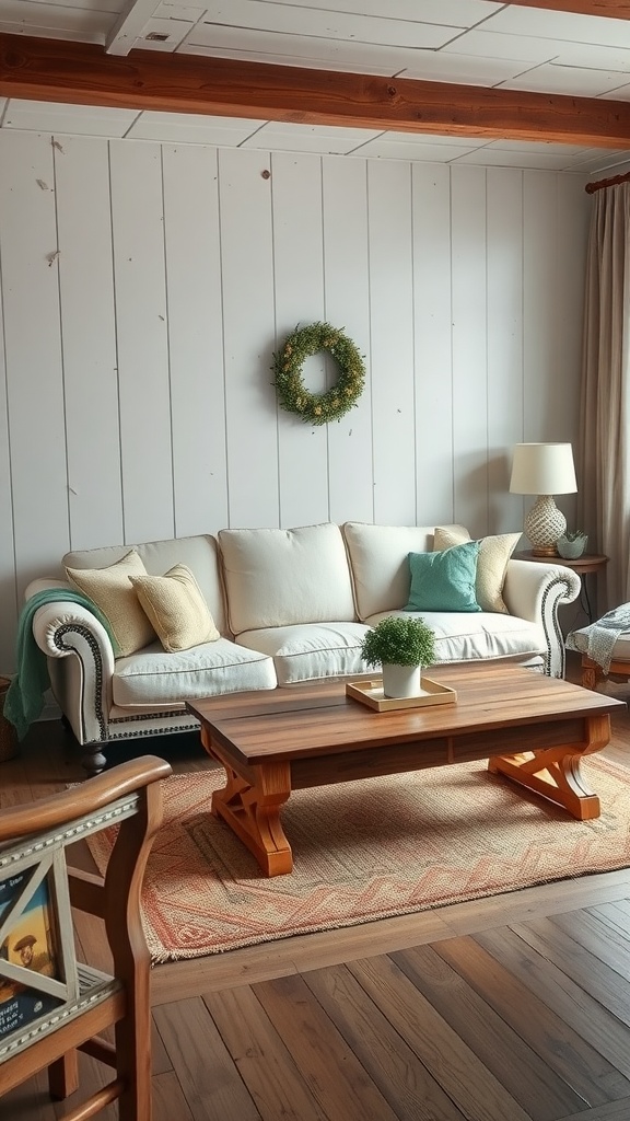 A cozy vintage farmhouse living room featuring a white couch, wooden coffee table, and rustic decor.