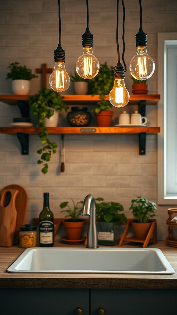 Kitchen featuring vintage filament bulbs above the sink with plants and wooden shelves