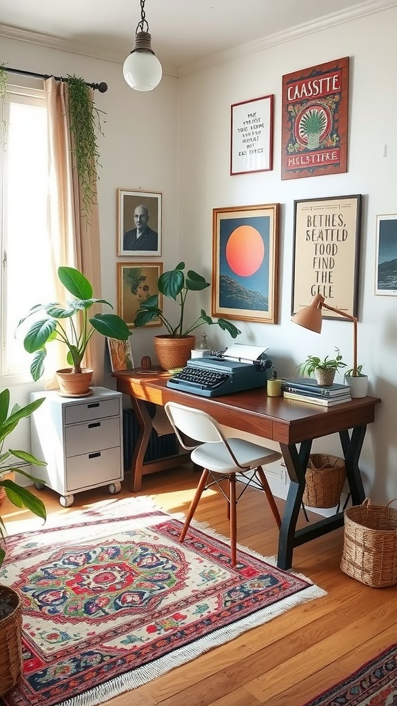 A cozy bedroom featuring vintage decor, including a wooden dresser, vibrant artwork, and various houseplants.