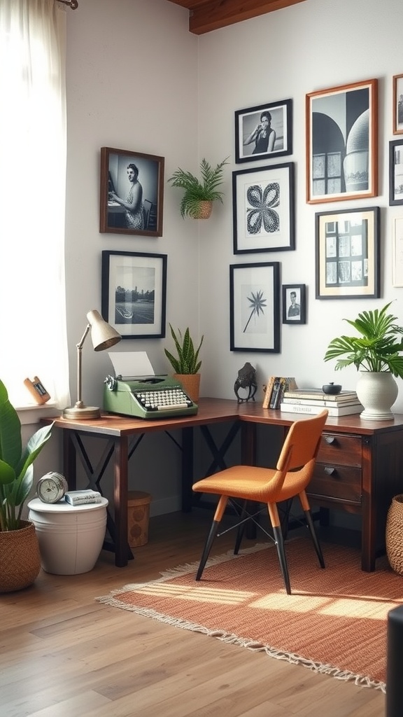 A vintage-inspired home office with a wooden desk, typewriter, and framed art on the walls.