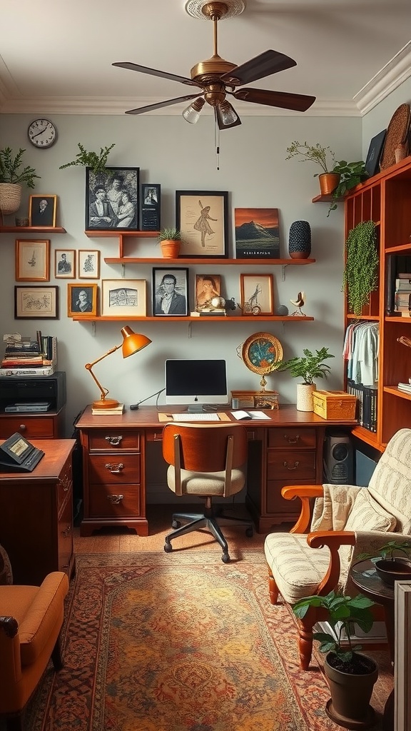 A cozy vintage-inspired home office with wooden furniture, plants, and framed artwork.