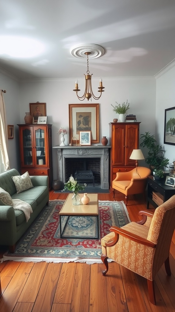 A cozy vintage living room featuring a green sofa, orange armchair, and wooden furniture, decorated with flowers and artwork.