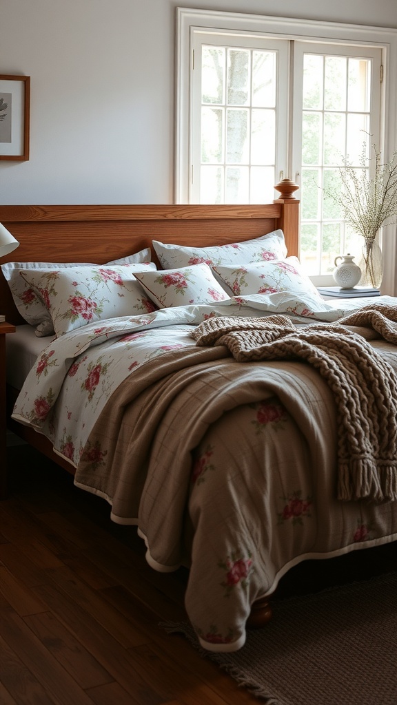 Cozy bedroom with vintage floral bedding and wooden furniture
