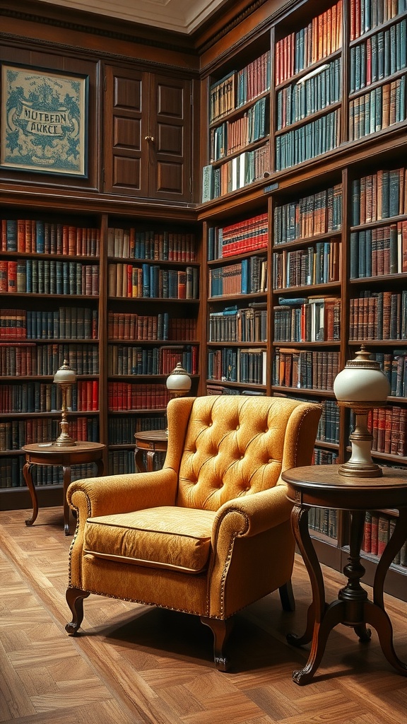 A vintage-style home library featuring a plush yellow armchair and wooden bookshelves filled with colorful books.