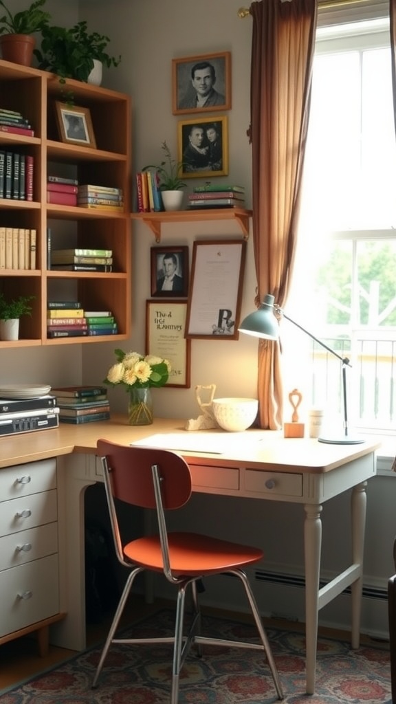 A vintage-style small home office featuring a green desk, a comfortable chair, and decorative elements like plants and wall art.