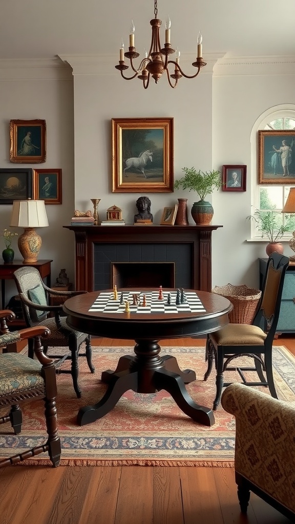 A vintage game table with a chess set in an elegant living room, featuring classic decor and warm lighting.