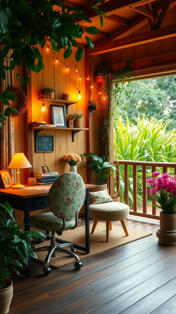 A vintage-inspired home office with a wooden desk, chair, and plants, brightened by natural light.