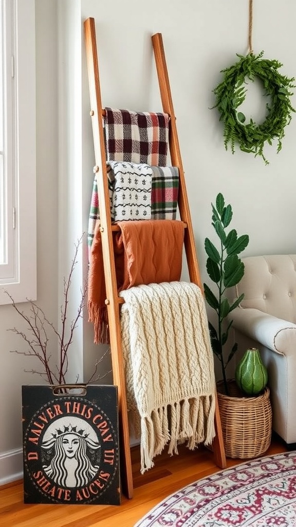 Vintage wooden ladder holding colorful throws and blankets in a cozy living room setting.