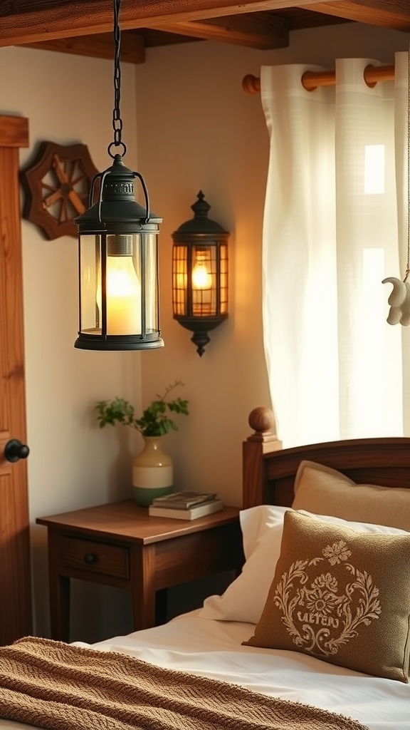 Rustic bedroom featuring vintage lantern light fixtures, creating a cozy atmosphere.