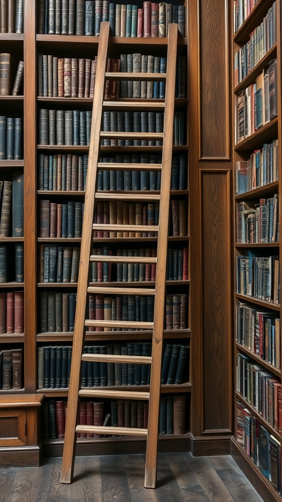 Wooden library ladder leaning against tall bookshelves filled with classic books.