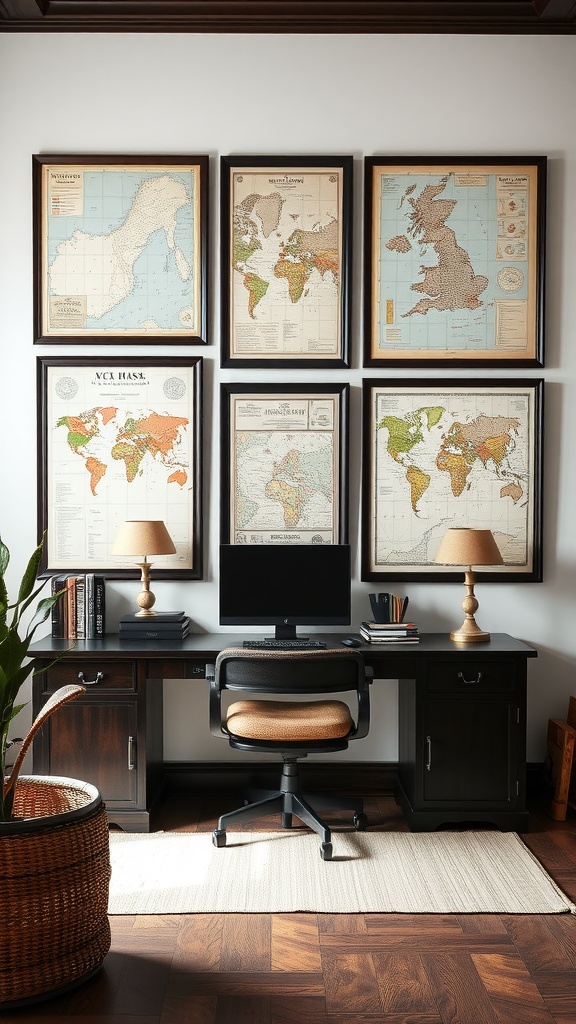 A stylish home office with vintage map wall art, featuring framed maps from various regions, a black desk, a computer, and lamps on either side.