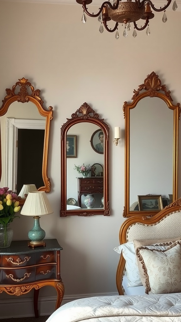 A cozy bedroom featuring vintage mirrors with ornate frames reflecting elegance, accompanied by a stylish nightstand and floral arrangement.