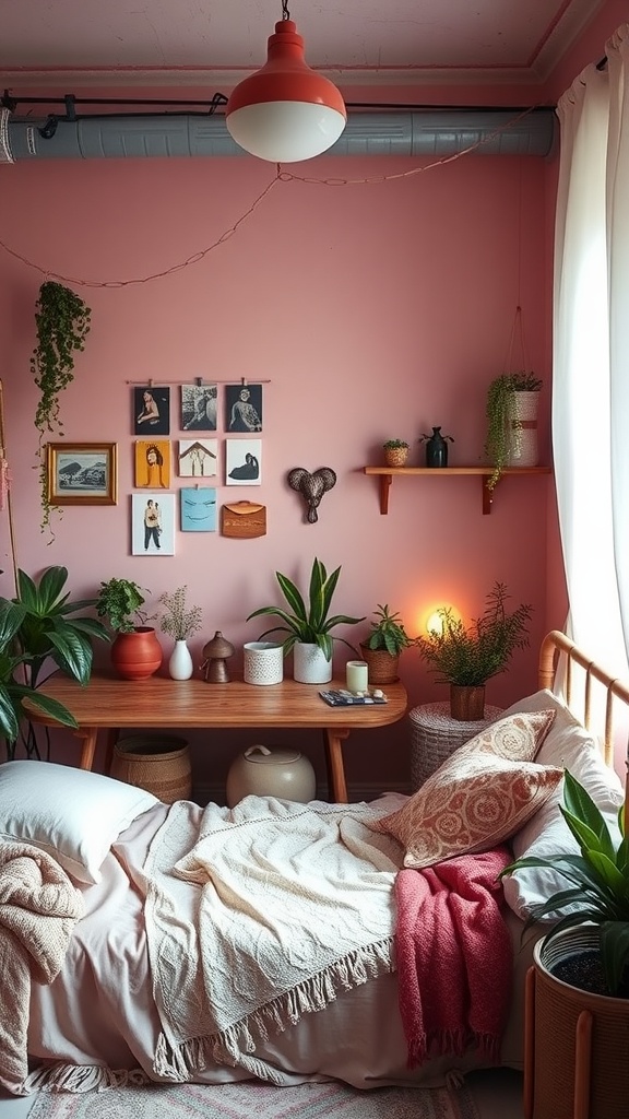 A vintage pink boho chic bedroom featuring macramé wall art, a cozy bed, and natural light.