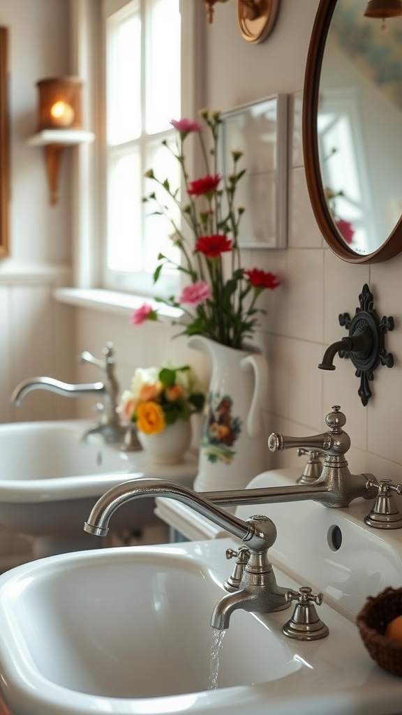 A vintage farmhouse bathroom featuring two porcelain sinks with elegant faucets, surrounded by flowers and warm lighting.