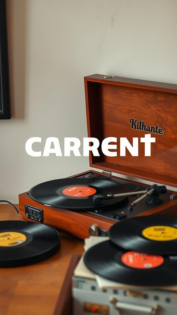A vintage record player with vinyl records on a wooden surface
