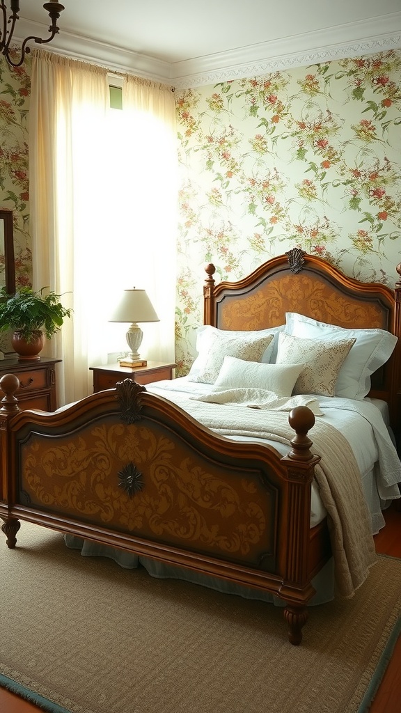 A vintage sage green bedroom featuring a wooden bed, floral wallpaper, and natural light