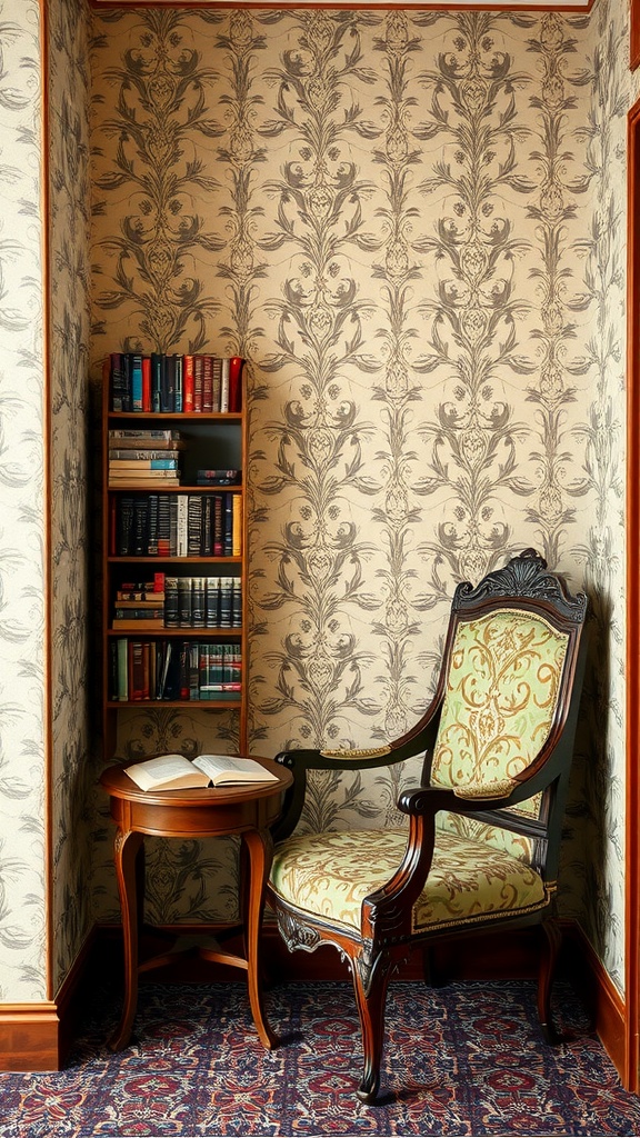 A vintage-style reading nook with an ornate armchair, floral wallpaper, a wooden bookshelf, and a small table with an open book.