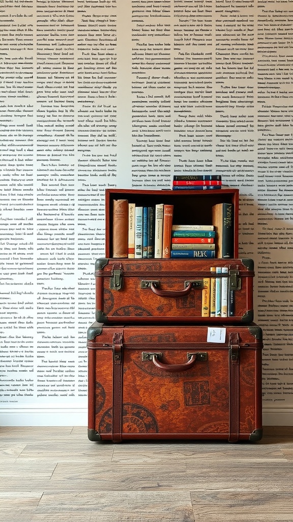 Vintage suitcases used for book storage in a home library setup
