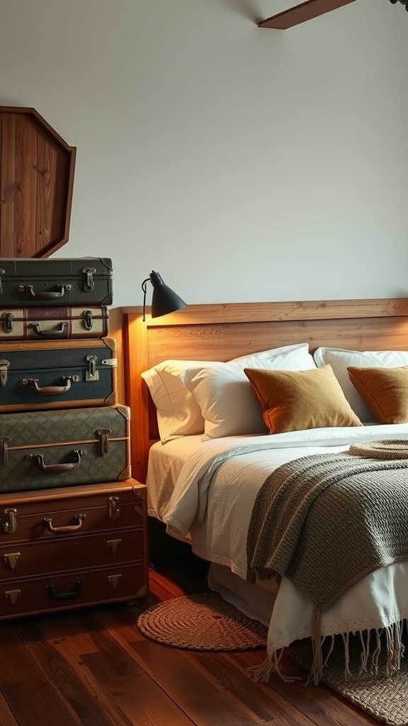 A cozy bedroom with vintage suitcases used as nightstands beside a neatly made bed.