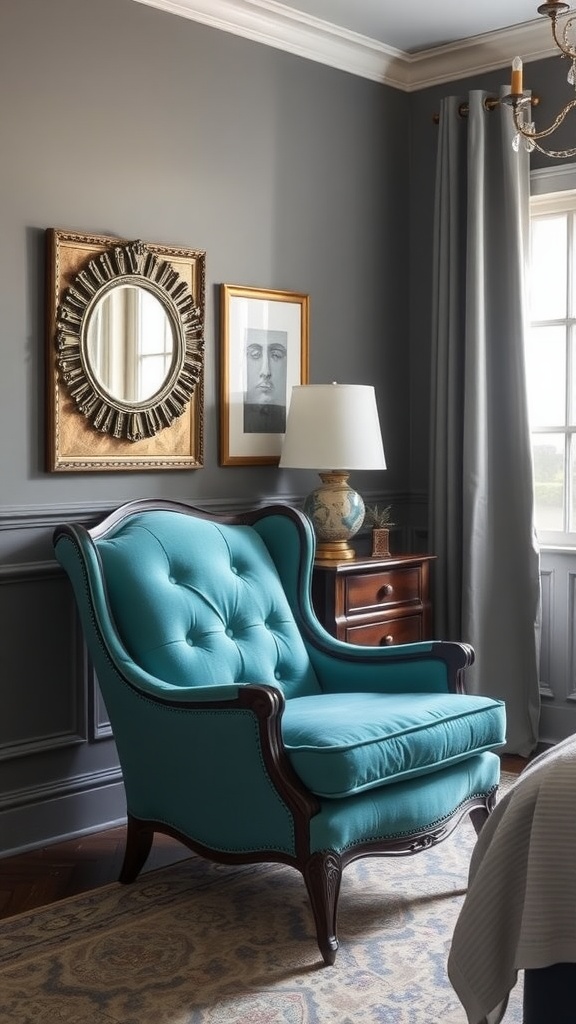 Vintage teal accent chair in a grey bedroom